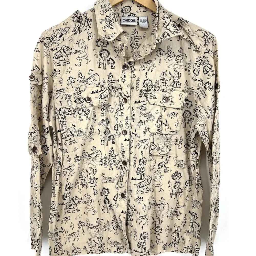 Chico's Tribal Print Button Up Shirt Pockets Chico's Size 1 - Womens 8 **READ**
